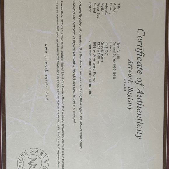 BERNARD BUFFET 12.25x 9.5" matted 11"x14"/COA/NEW - Picture 4 of 5